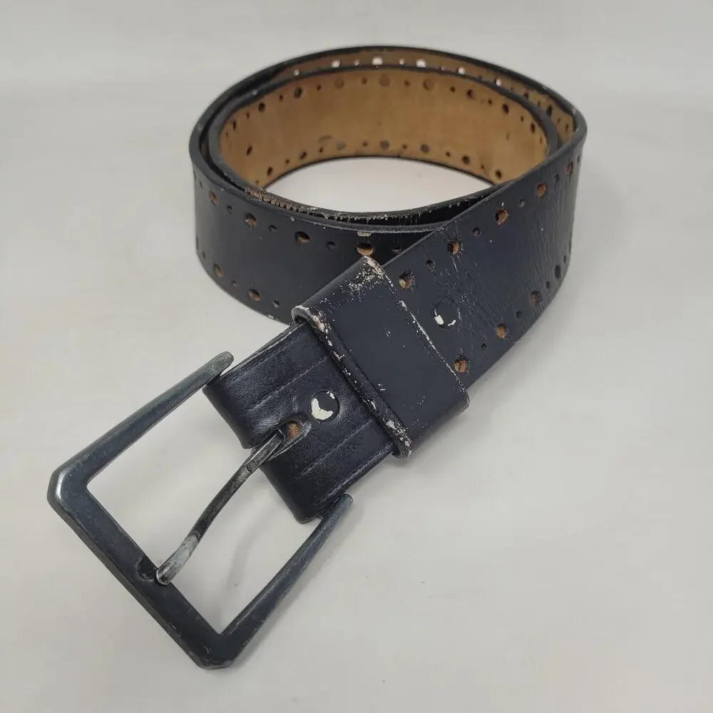 Black Leather Belt Mens 34 Perforated Industrial Utilitarian Edgy Punk Goth Wide